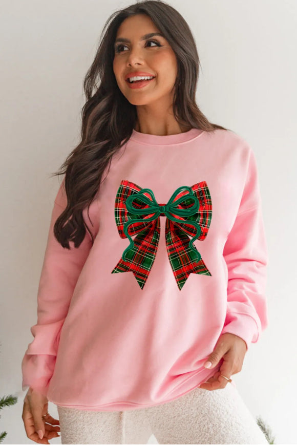 Pink Plaid Bow Christmas Sweatshirt – Festive Holiday Crewneck for Women | Cozy Cotton Pullover