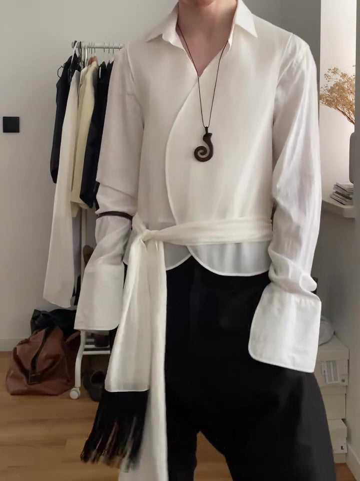 Solid Color Tassel Belt Vest & Long Sleeve Shirt Two-Piece Set