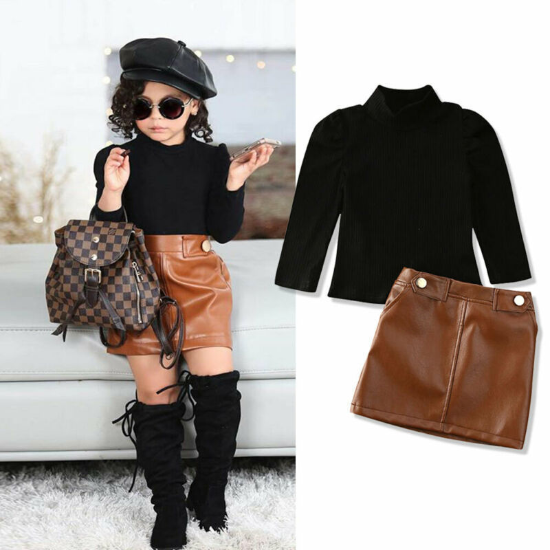 Two-piece girl's long-sleeved blouse with button pocket leather skirt