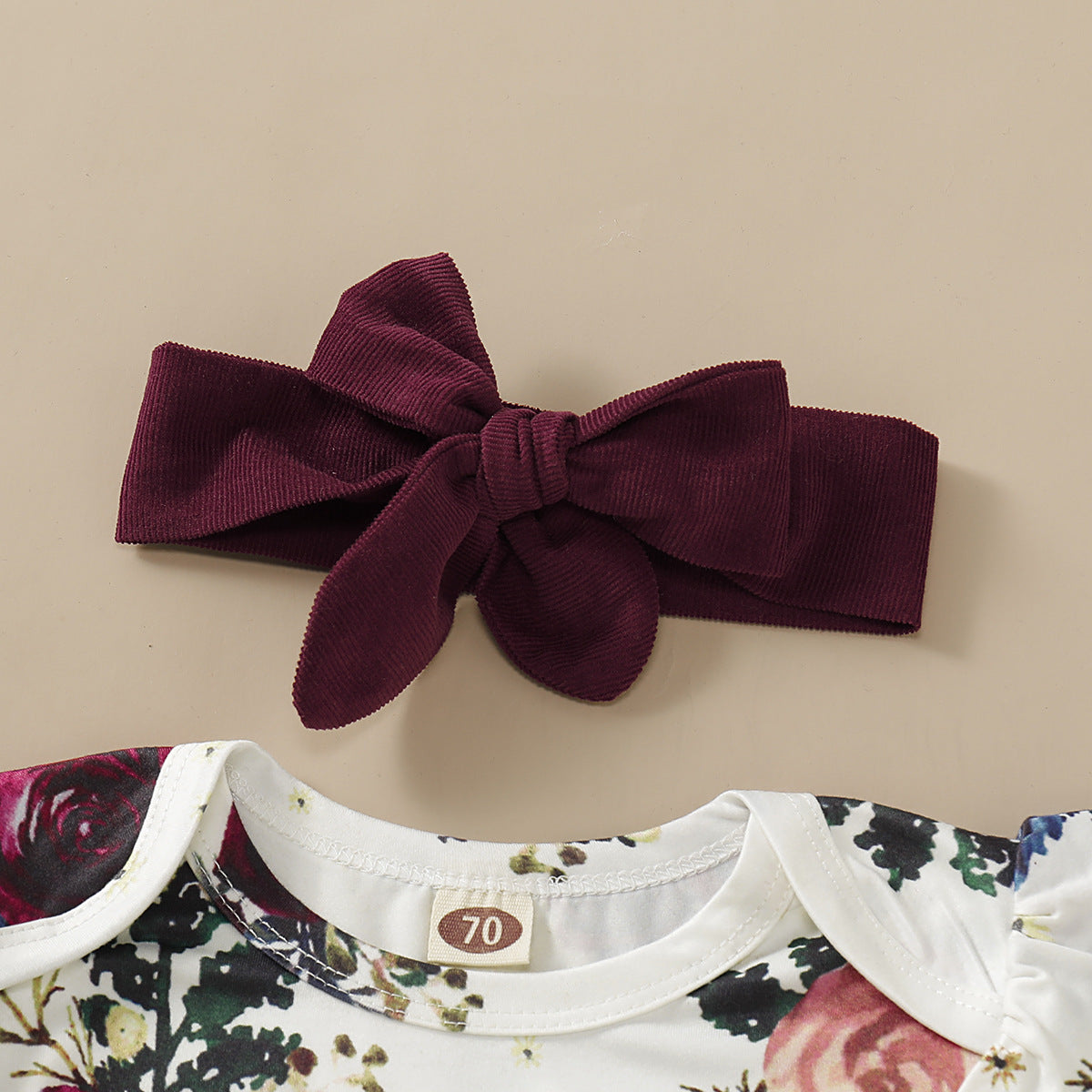 Baby Girl Burgundy Floral 3-Piece Outfit – Ruffle Suspender Dress, Long Sleeve Bodysuit & Bow Headband | Elegant Fall & Holiday Set