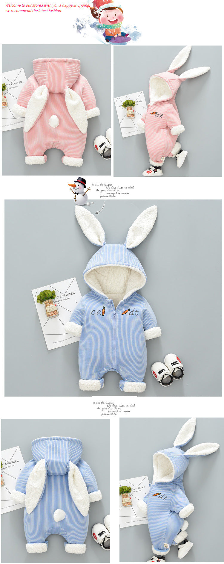 Cozy Bunny Ears Baby Winter Romper – Ultra Soft Cotton Jumpsuit for Boys & Girls | Warm Hooded Snowsuit for Newborns & Toddlers