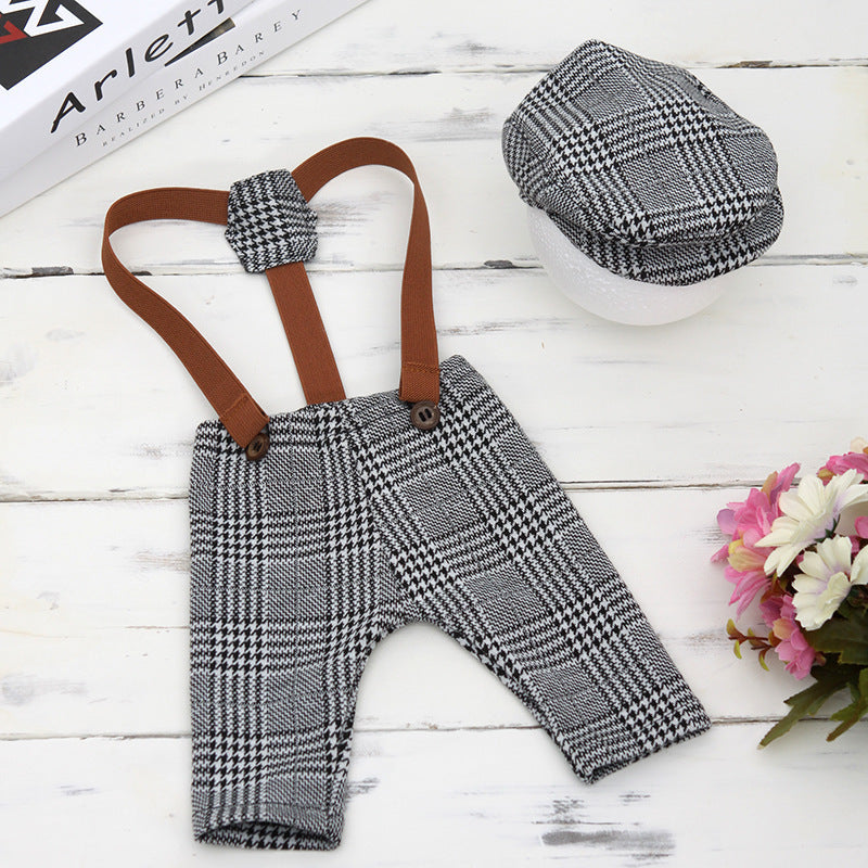 Vintage Plaid Baby Photoshoot Outfit with Suspender Pants & Newsboy Cap | Unisex Newborn Photography Set (0–12 Months)