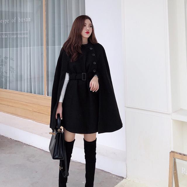 Elegant Wool Blend Cape Coat for Women – Sophisticated Button-Up Winter Dress Coat with Belt | Luxury Warm Outerwear in Black & Apricot