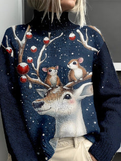 Women’s Floral & Animal Print Turtleneck Sweater – Cozy Casual Knit Pullover | Winter Fashion Woolen Tops