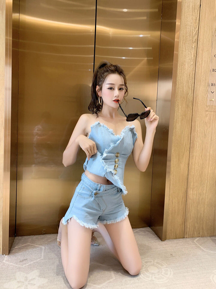 Chic Frayed Edge Denim Co-Ord Set for Women – Corset Top & Shorts | Trendy Summer Two-Piece Outfit