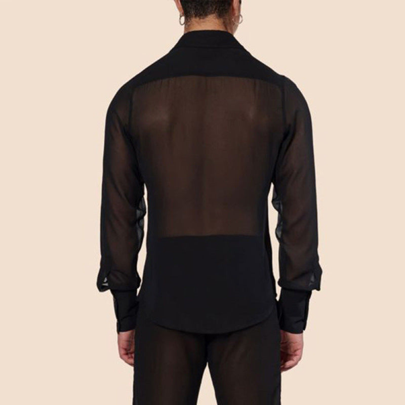 Black Thin See-through Chiffon Men's Slim Shirt