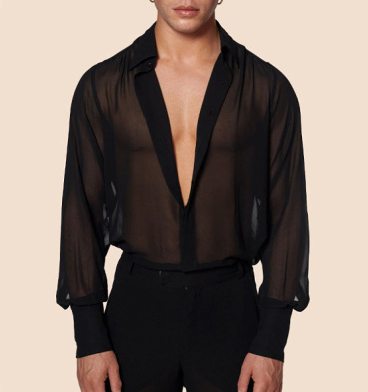 Black Thin See-through Chiffon Men's Slim Shirt