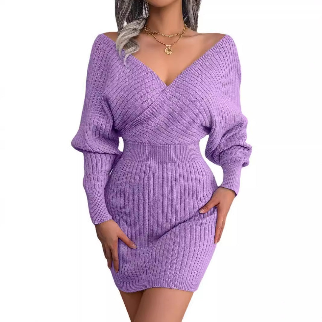 Sexy Cross V-neck Bat Skirt With Hip Wrapping, Hairy Dress