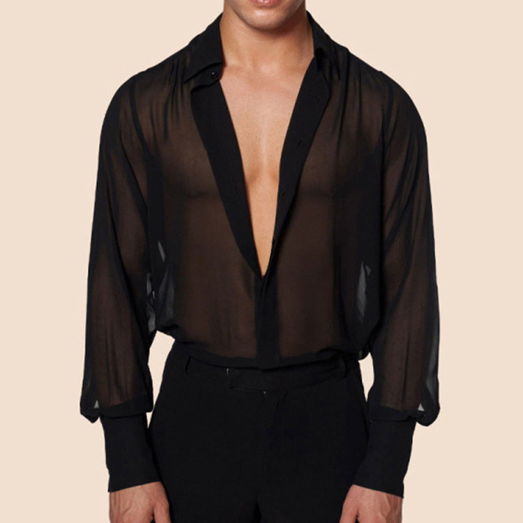Black Thin See-through Chiffon Men's Slim Shirt