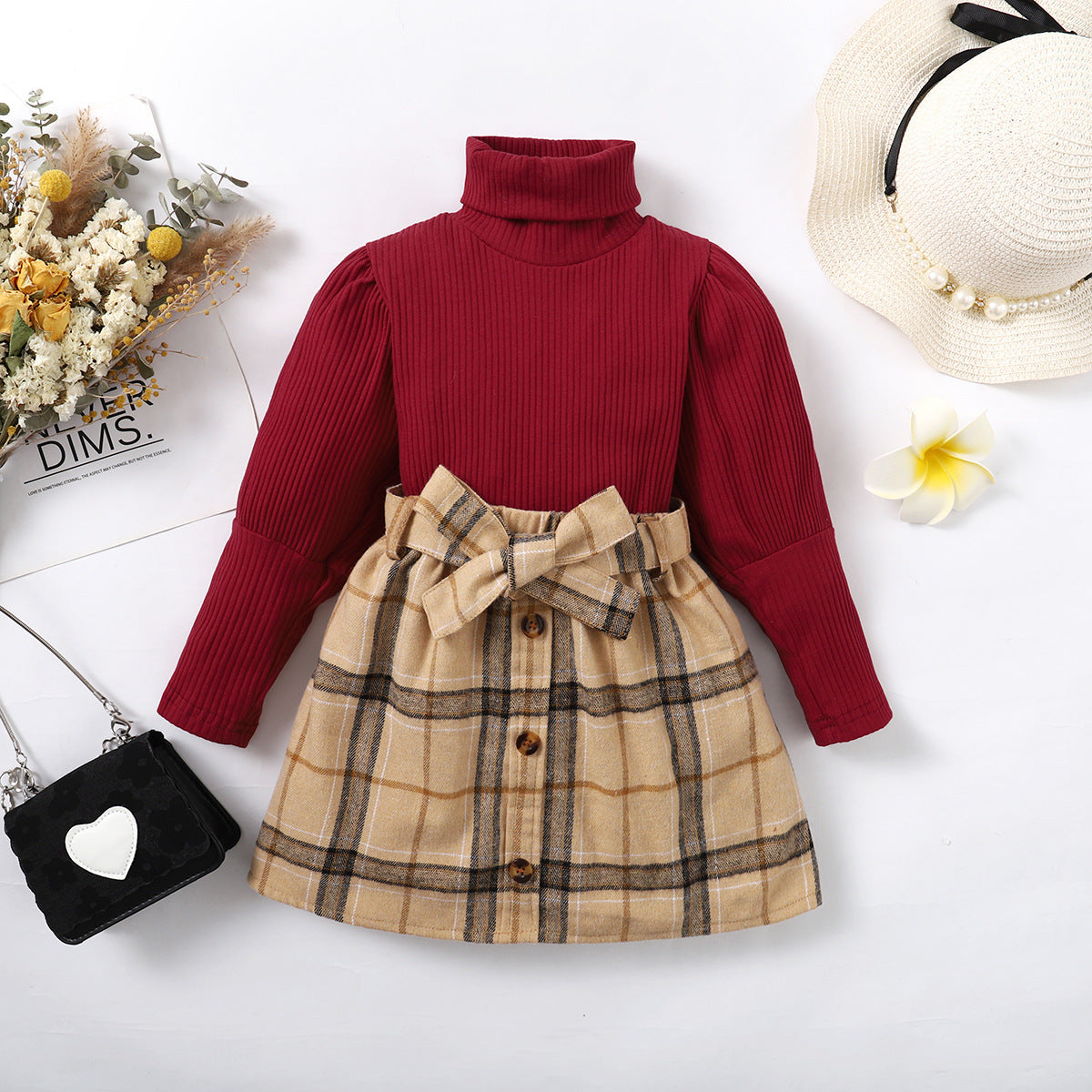 Charming Girls Turtleneck & Plaid Skirt Set – Cozy Autumn Princess Outfit | Elegant Fall Dress for Little Girls