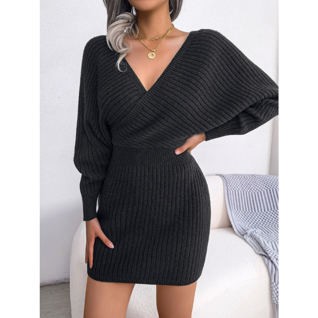 Women's Elegant Off-Shoulder Knit Sweater Dress – V-Neck Bodycon Winter Dress with Batwing Sleeves