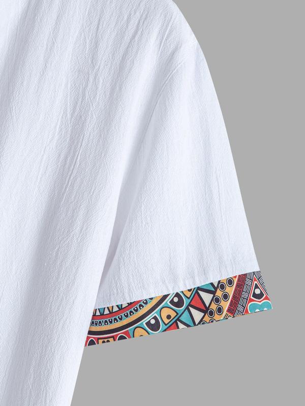Men’s Ethnic Trim Linen Button-Down Shirt – Boho Casual Summer Shirt in White & Black | Bloomberry Lifestyle