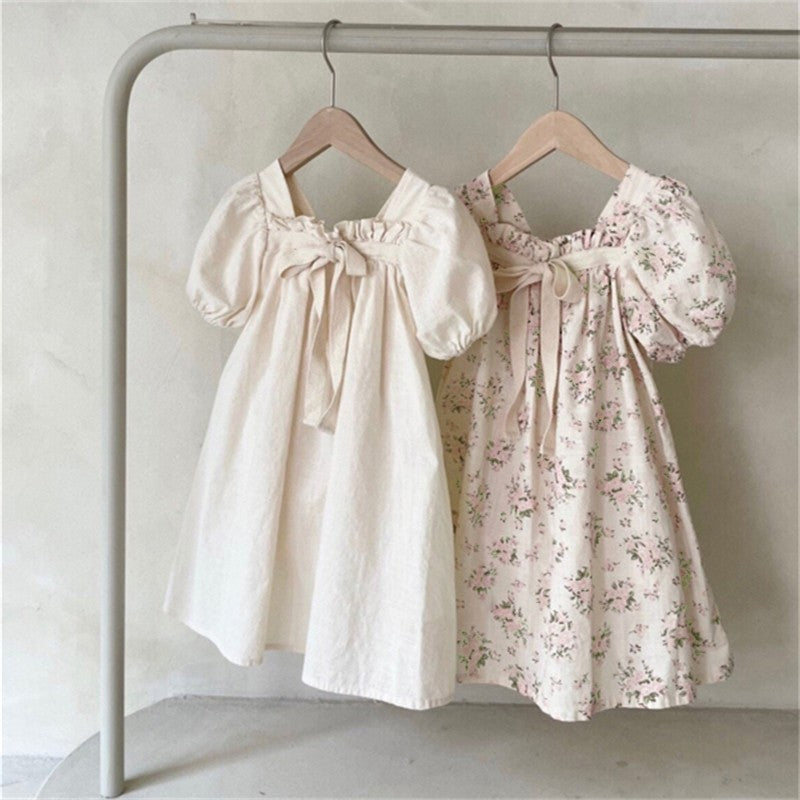 Girls Bow Bubble Sleeve Floral Square Neck Dress