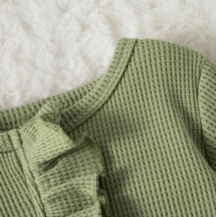 Soft Cotton Ruffle Baby Jumpsuit with Headband – Cozy Waffle Knit Long Sleeve Onesie for Girls (0–24M)