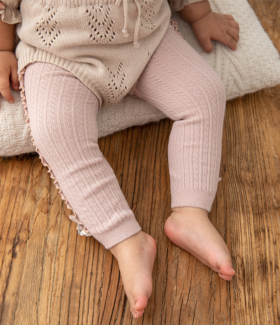 Cozy Cotton Baby Leggings with Bunny & Ruffle Trim – Soft Knitted Toddler Pants for Girls | Flower Bunny Ribbed Winter Leggings
