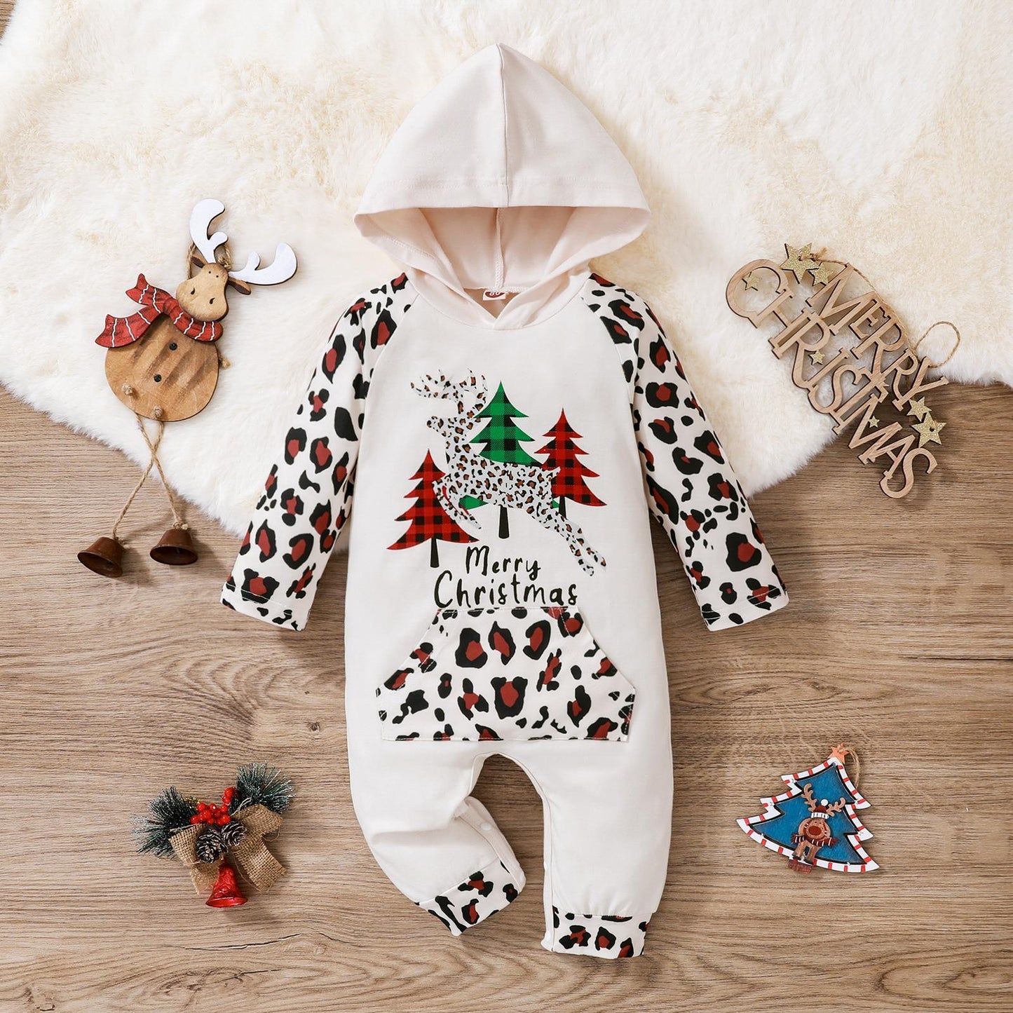 Baby Christmas Hooded Romper – Cozy Reindeer & Tree Print Outfit for Boys & Girls | Cotton Winter Jumpsuit