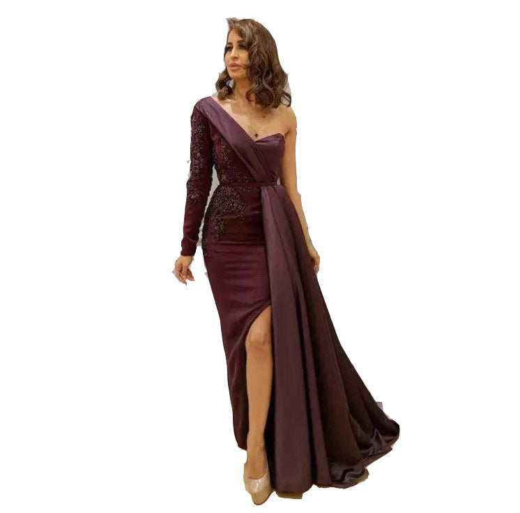 Wine One-Shoulder Evening Gown – Elegant Draped Design with Embellished Lace Detailing