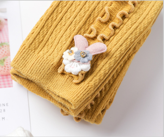 Cozy Cotton Baby Leggings with Bunny & Ruffle Trim – Soft Knitted Toddler Pants for Girls | Flower Bunny Ribbed Winter Leggings