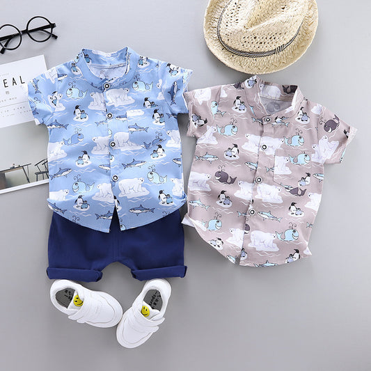 Cute Summer Baby Boy Animal Print Outfit Set | Polar Bear & Penguin Shirt + Cotton Shorts – Soft Breathable Infant Clothes (1–3Y)