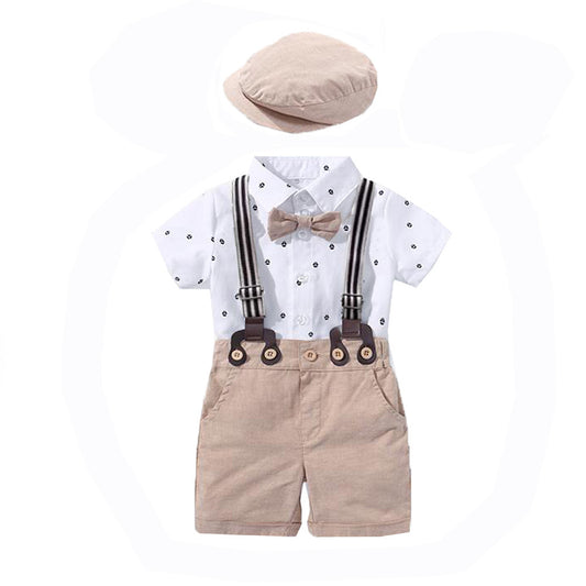 Classic Gentlemen Baby Boy Outfit Set – Summer Cotton Romper with Bow Tie, Suspenders & Cap | Vintage Formal Birthday Outfit