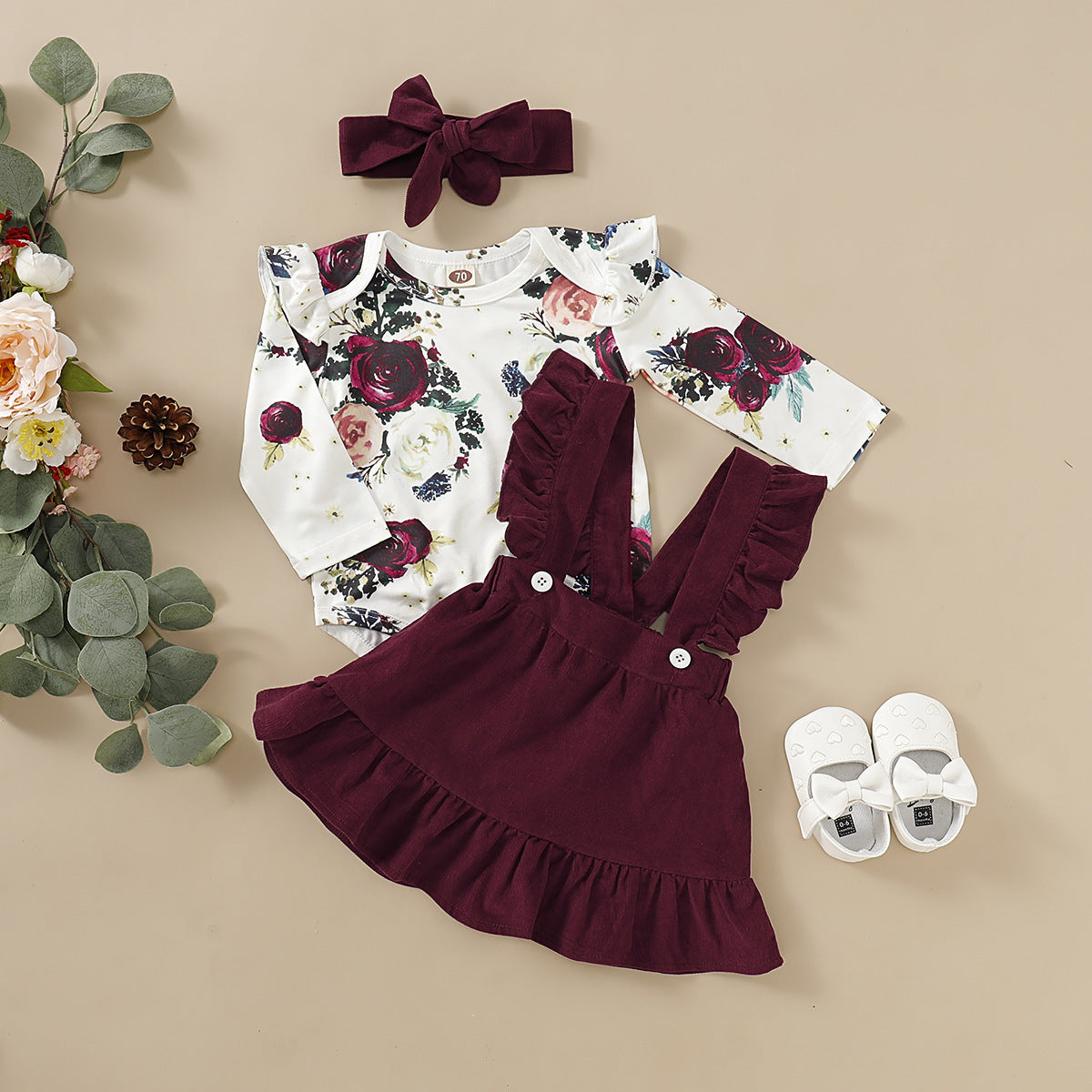 Baby Girl Burgundy Floral 3-Piece Outfit – Ruffle Suspender Dress, Long Sleeve Bodysuit & Bow Headband | Elegant Fall & Holiday Set
