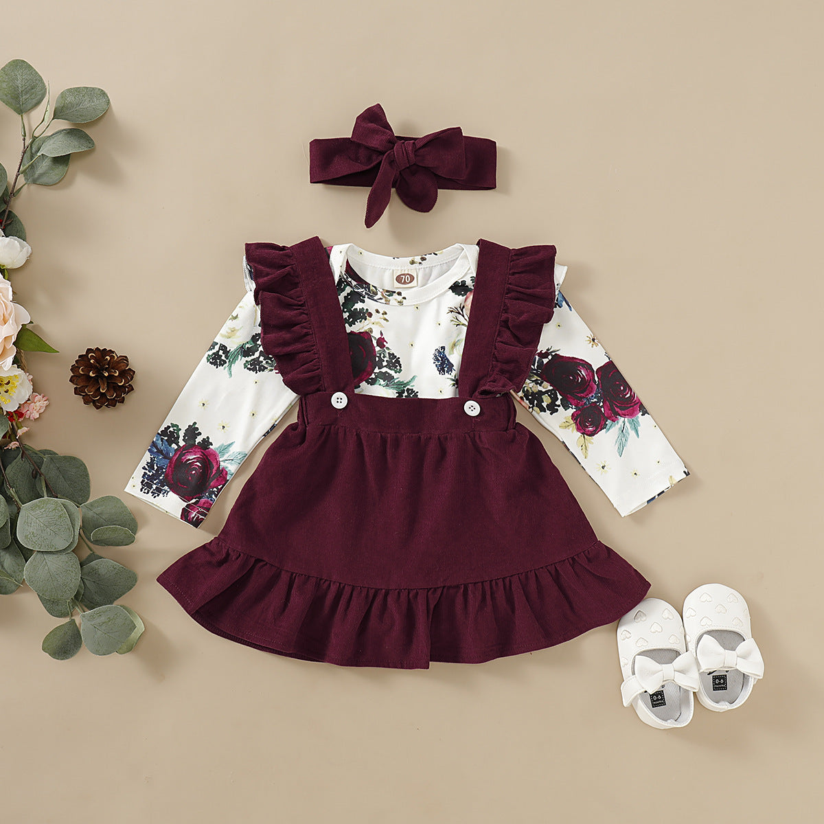 Baby Girl Burgundy Floral 3-Piece Outfit – Ruffle Suspender Dress, Long Sleeve Bodysuit & Bow Headband | Elegant Fall & Holiday Set