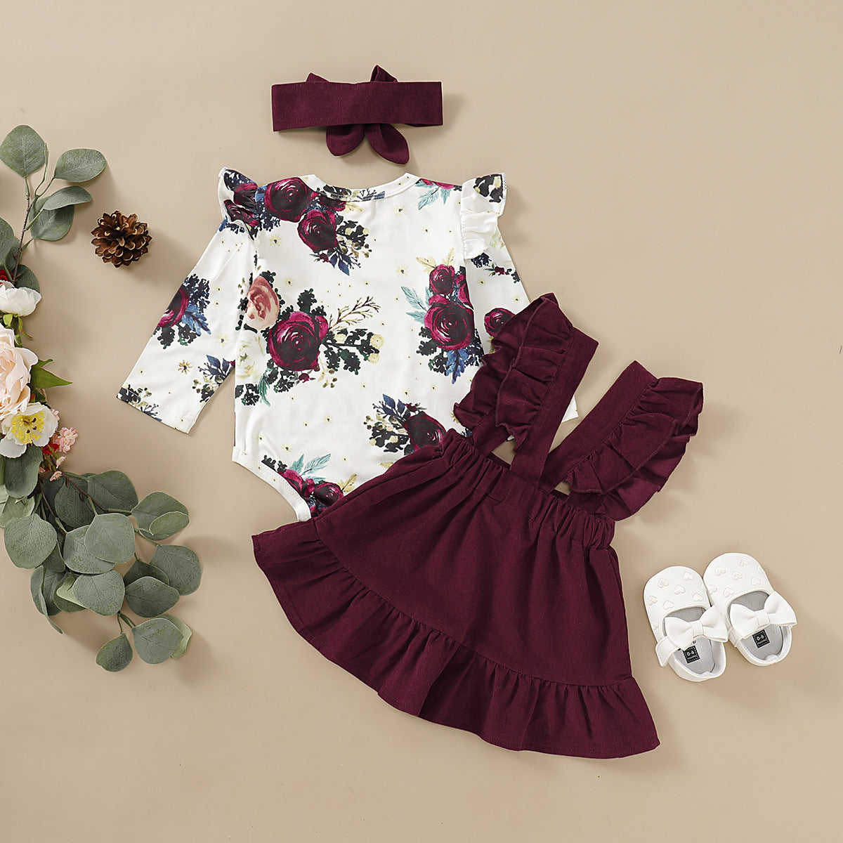 Baby Girl Burgundy Floral 3-Piece Outfit – Ruffle Suspender Dress, Long Sleeve Bodysuit & Bow Headband | Elegant Fall & Holiday Set