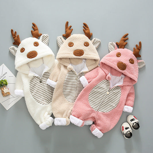Adorable Reindeer Baby Romper | Winter Warm Fleece Jumpsuit with Hood & Antlers – Cozy Outfit for Newborns & Infants