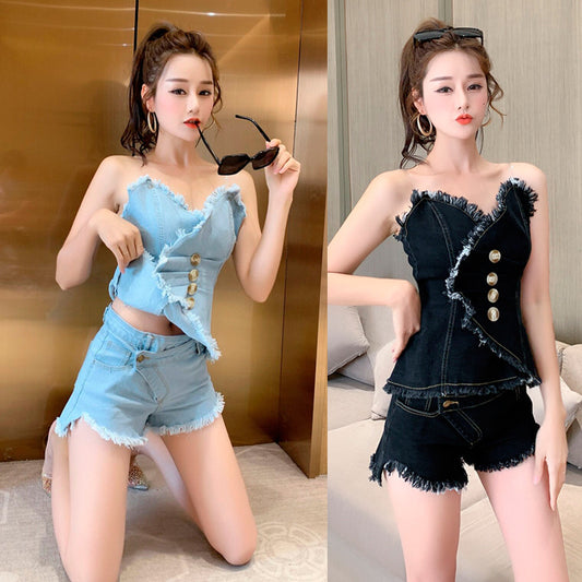 Chic Frayed Edge Denim Co-Ord Set for Women – Corset Top & Shorts | Trendy Summer Two-Piece Outfit