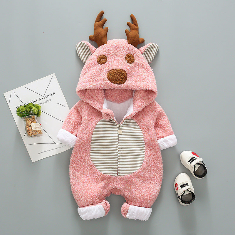 Adorable Reindeer Baby Romper | Winter Warm Fleece Jumpsuit with Hood & Antlers – Cozy Outfit for Newborns & Infants