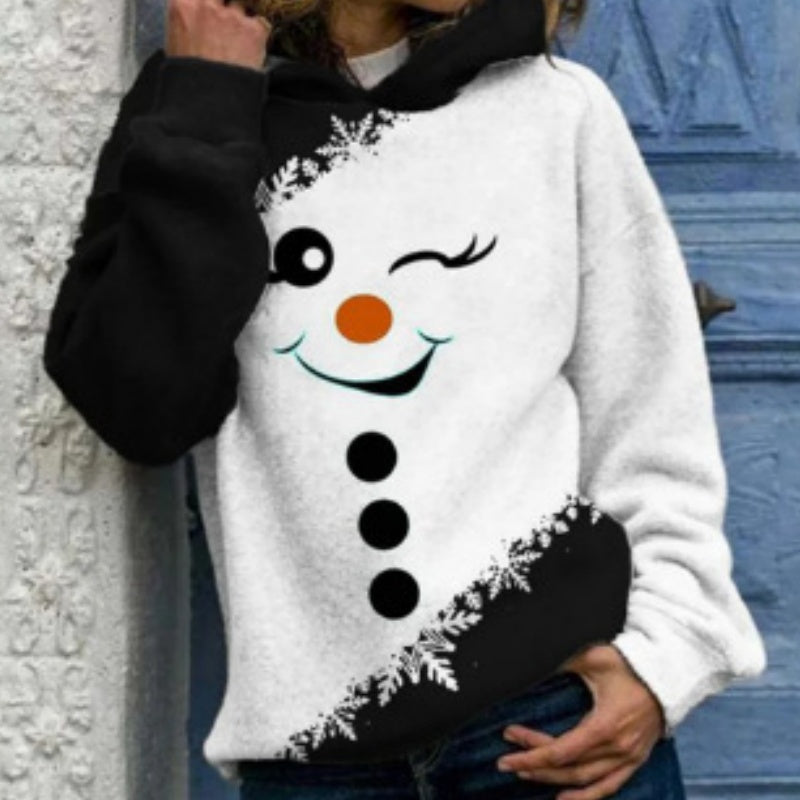 Women’s Snowman Print Hoodie – Cute Christmas Pullover Sweater | Winter Street Fashion Hooded Sweatshirt