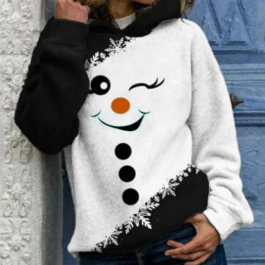 Women’s Snowman Print Hoodie – Cute Christmas Pullover Sweater | Winter Street Fashion Hooded Sweatshirt