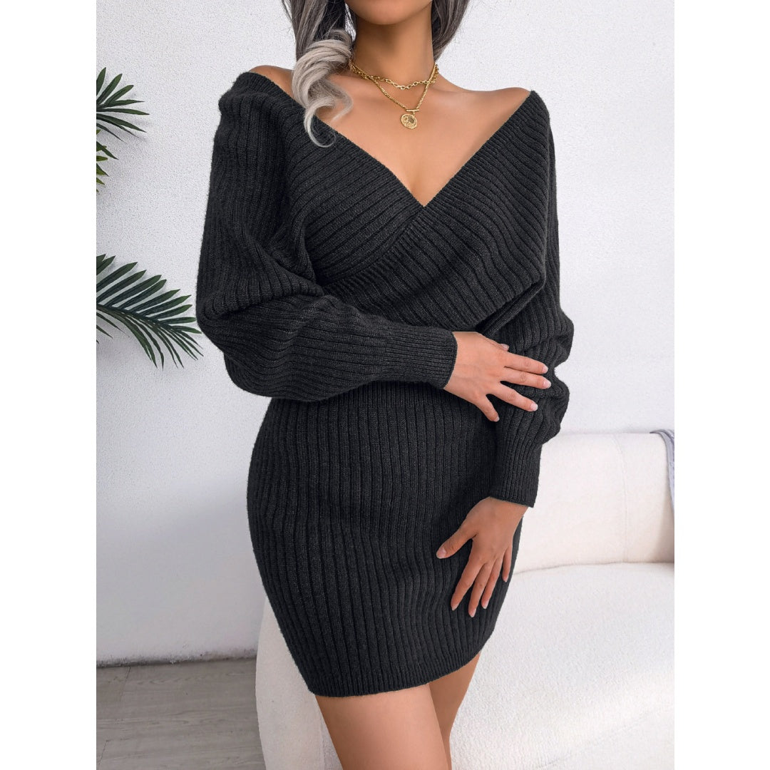 Women's Elegant Off-Shoulder Knit Sweater Dress – V-Neck Bodycon Winter Dress with Batwing Sleeves