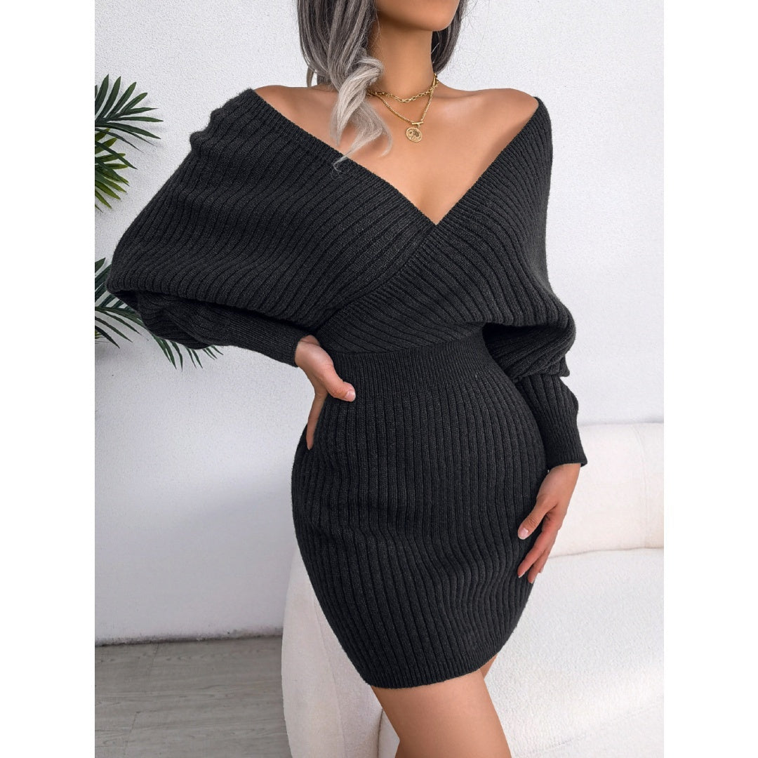 Women's Elegant Off-Shoulder Knit Sweater Dress – V-Neck Bodycon Winter Dress with Batwing Sleeves