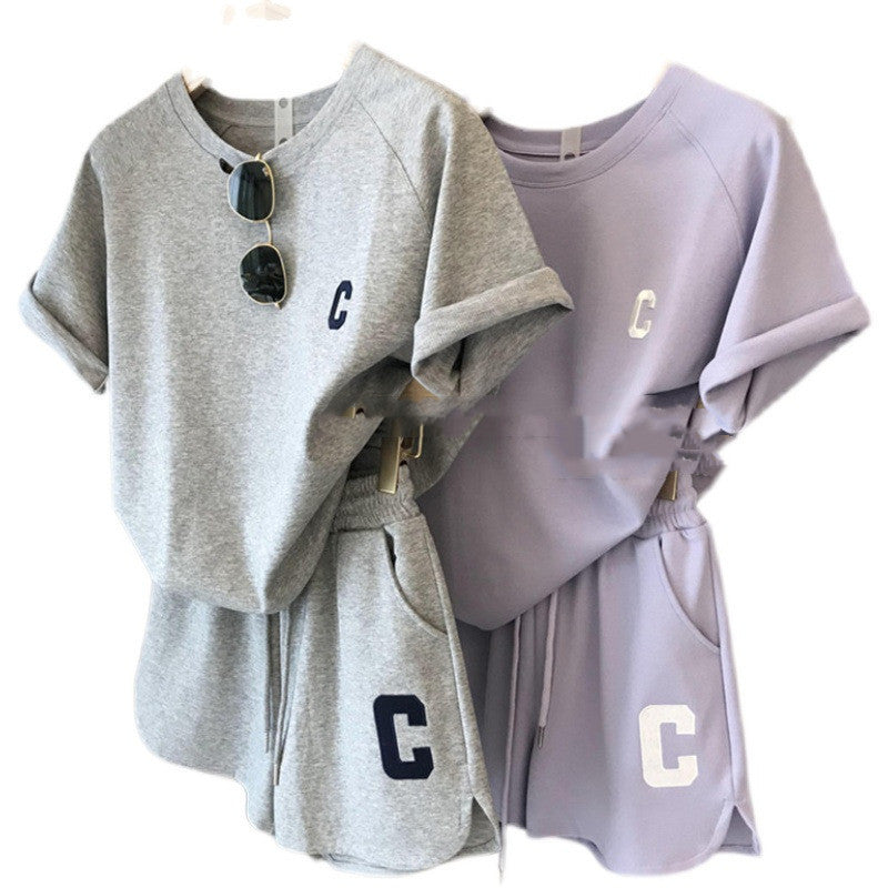 Women’s Minimalist Letter “C” Two-Piece Loungewear Set – Soft Summer Shorts & T-Shirt Co-ord (Grey & Lavender)
