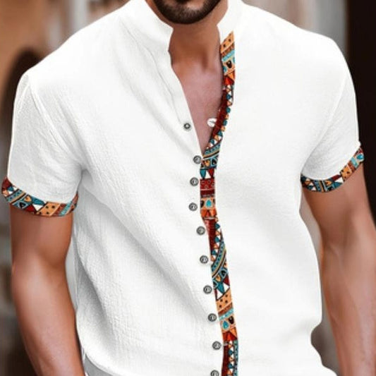 Men’s Ethnic Trim Linen Button-Down Shirt – Boho Casual Summer Shirt in White & Black | Bloomberry Lifestyle