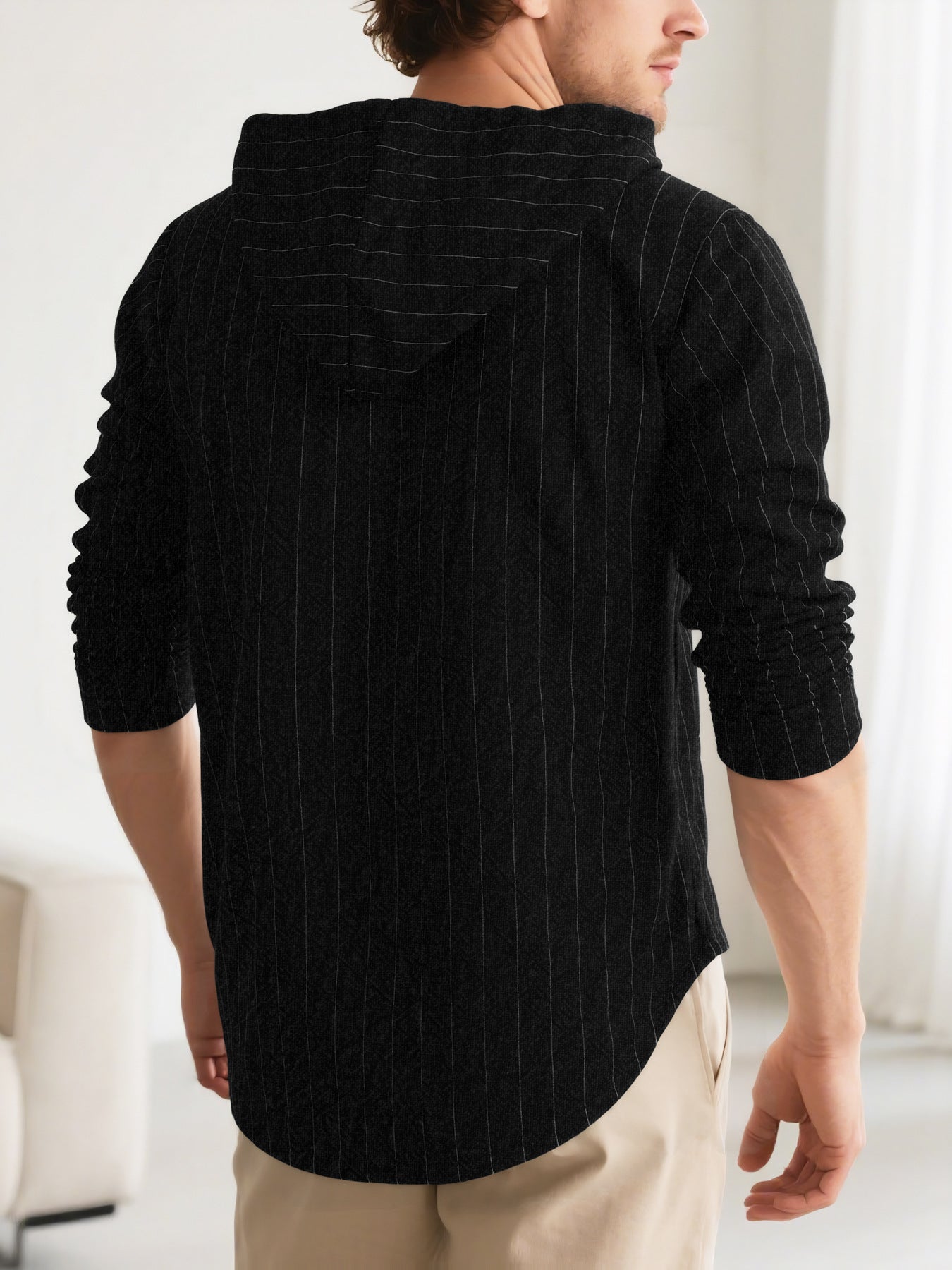 “Men’s Slim Fit Pinstripe Linen Hoodie Shirt – Effortless Style Meets All-Day Comfort | Casual Streetwear Elegance”