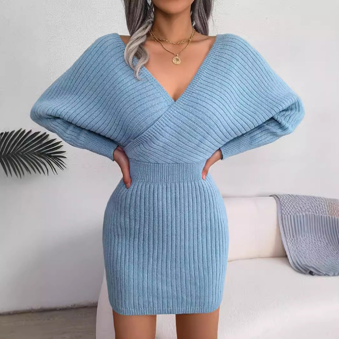 Women's Elegant Off-Shoulder Knit Sweater Dress – V-Neck Bodycon Winter Dress with Batwing Sleeves