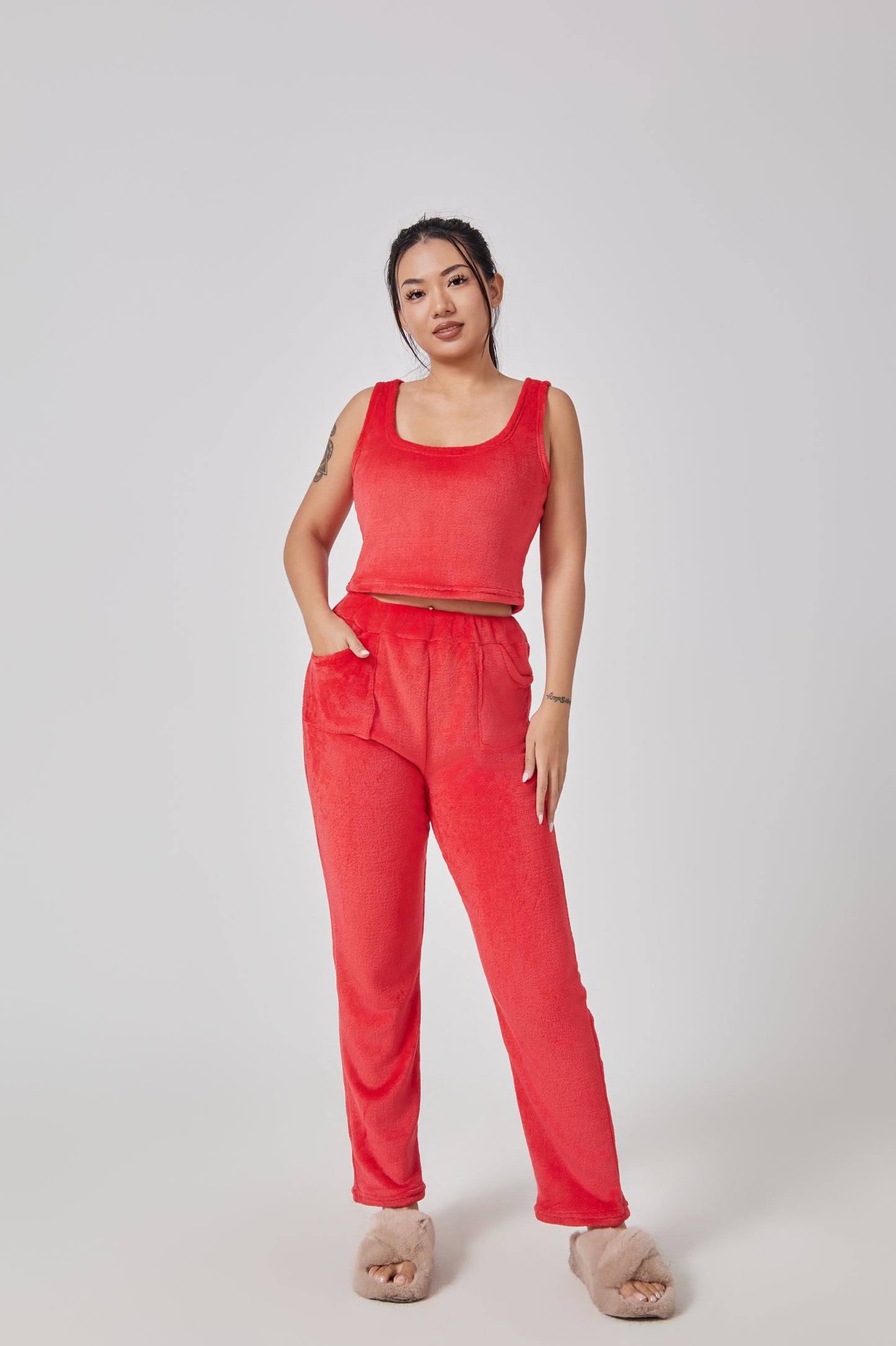 Ultimate Cozy Lounge Co-ord Set for Women | 3-Piece Fluffy Knit Loungewear – Cardigan, Crop Top & Pants