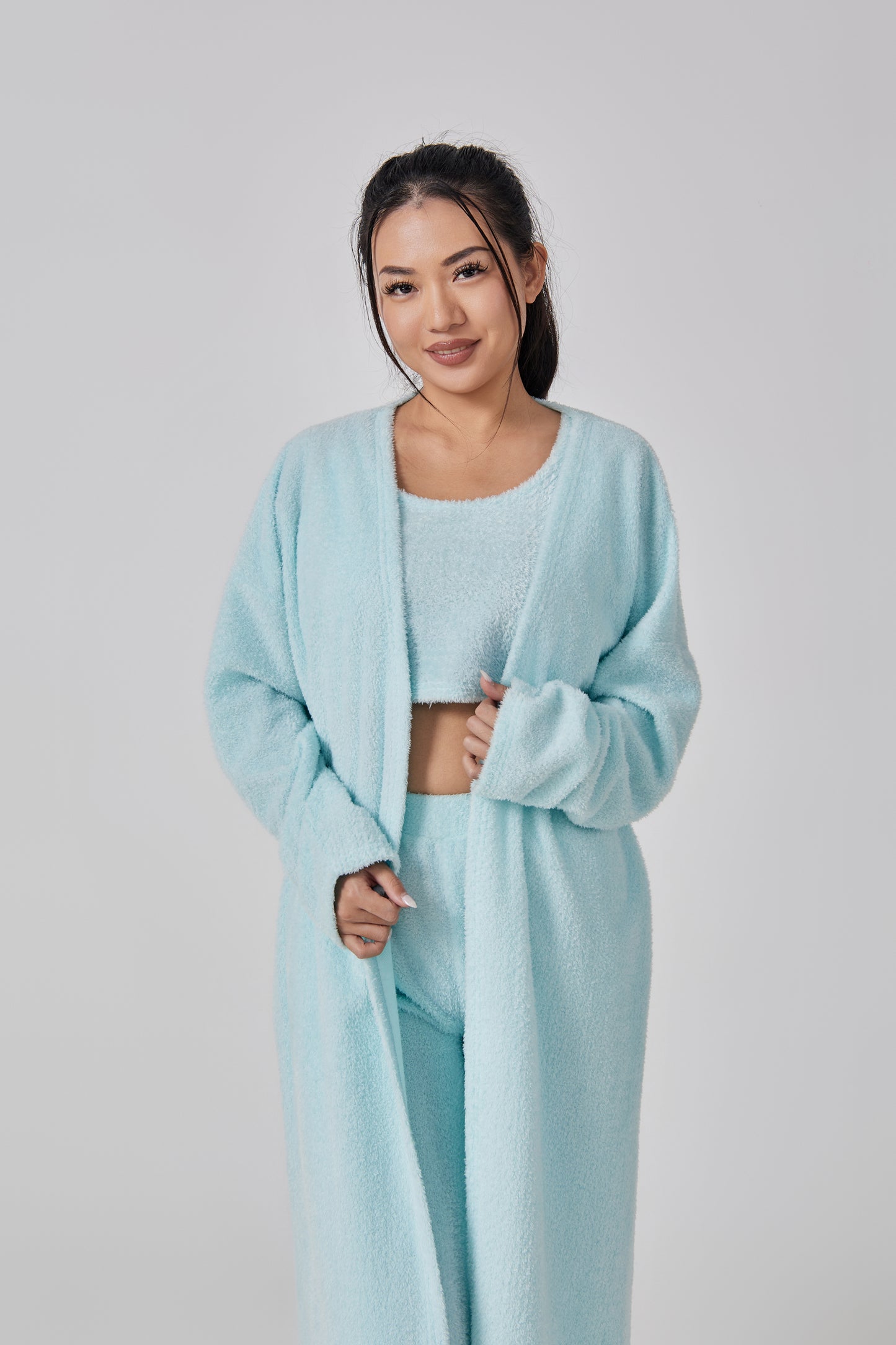Ultimate Cozy Lounge Co-ord Set for Women | 3-Piece Fluffy Knit Loungewear – Cardigan, Crop Top & Pants