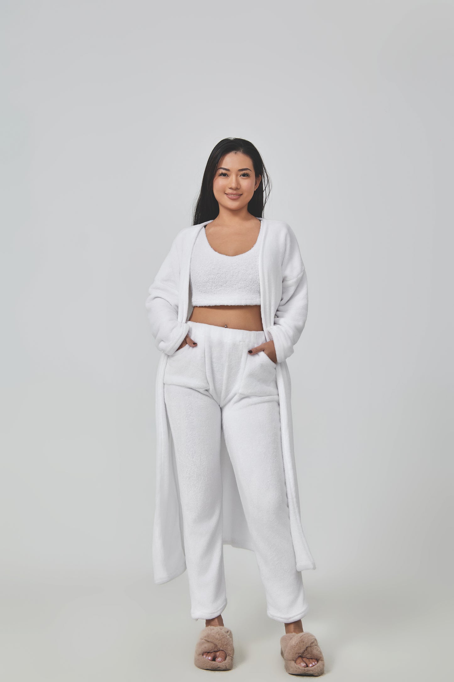 Ultimate Cozy Lounge Co-ord Set for Women | 3-Piece Fluffy Knit Loungewear – Cardigan, Crop Top & Pants
