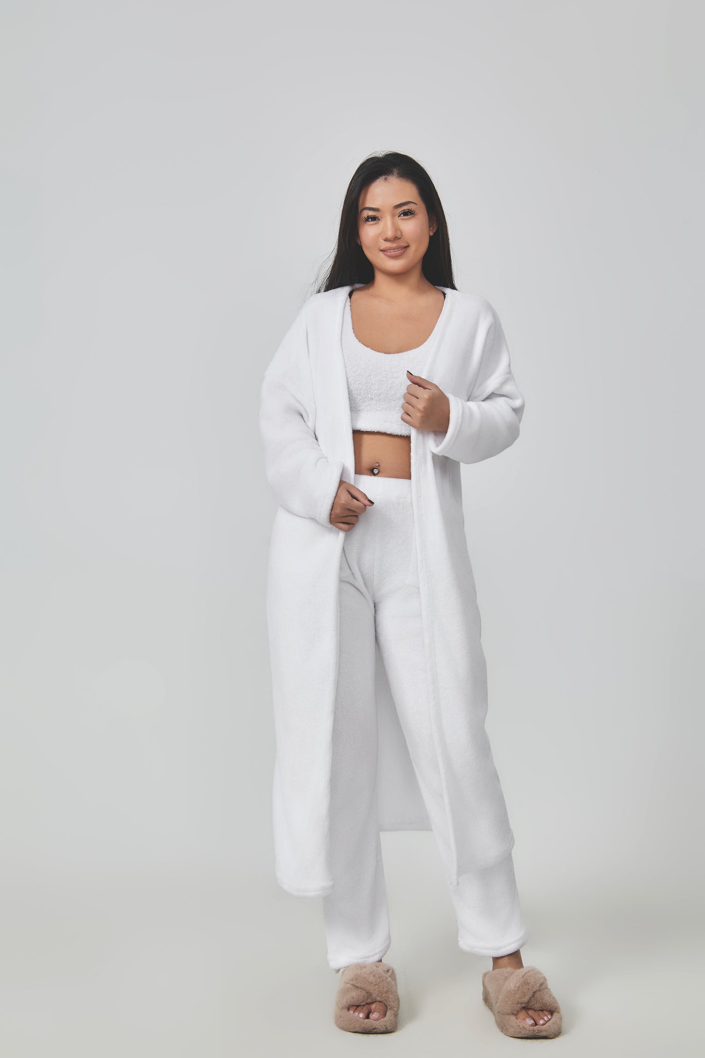Ultimate Cozy Lounge Co-ord Set for Women | 3-Piece Fluffy Knit Loungewear – Cardigan, Crop Top & Pants