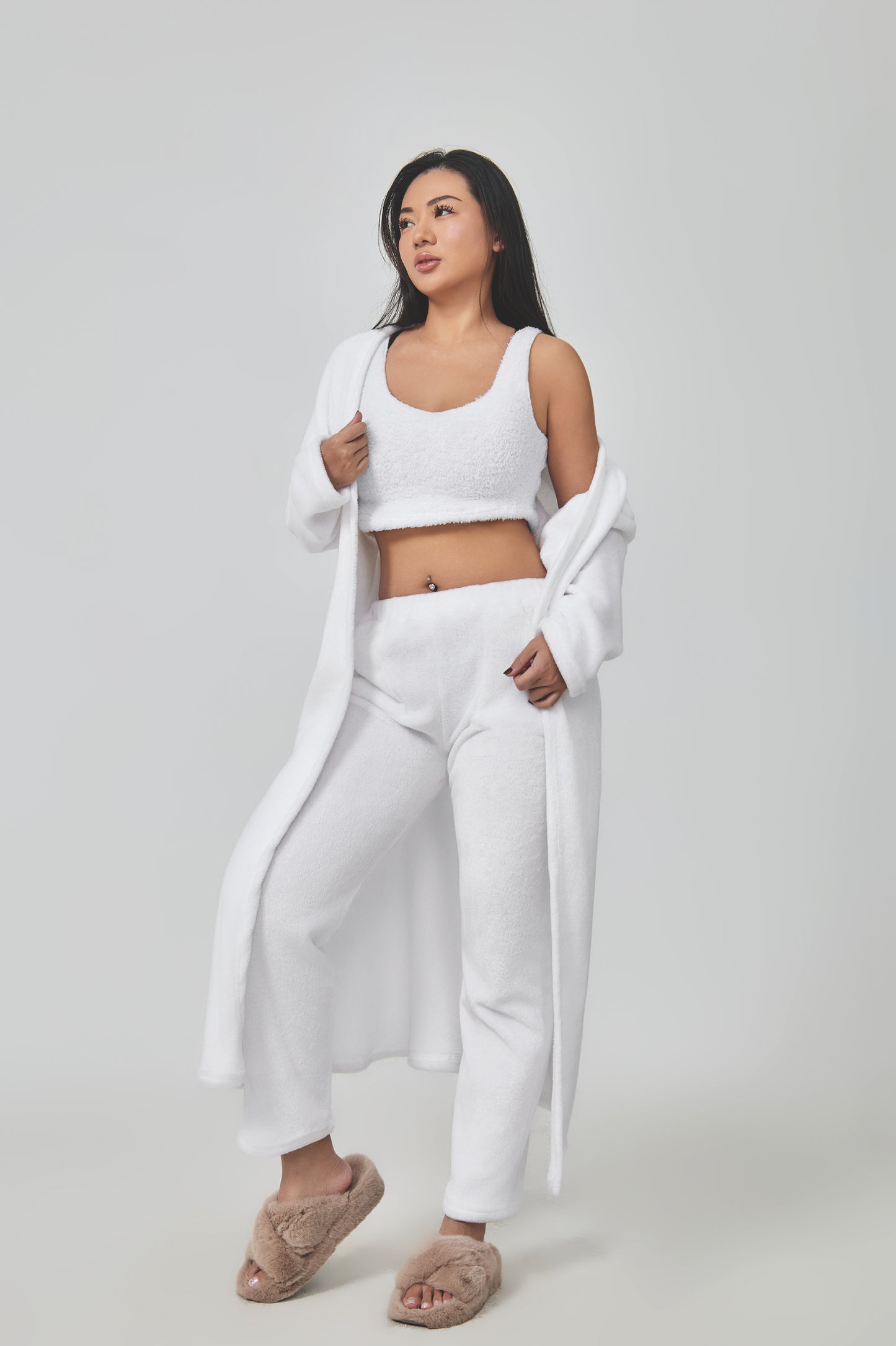Ultimate Cozy Lounge Co-ord Set for Women | 3-Piece Fluffy Knit Loungewear – Cardigan, Crop Top & Pants