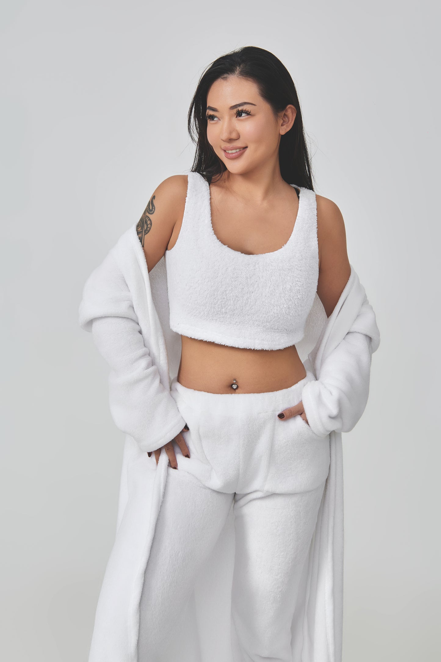 Ultimate Cozy Lounge Co-ord Set for Women | 3-Piece Fluffy Knit Loungewear – Cardigan, Crop Top & Pants