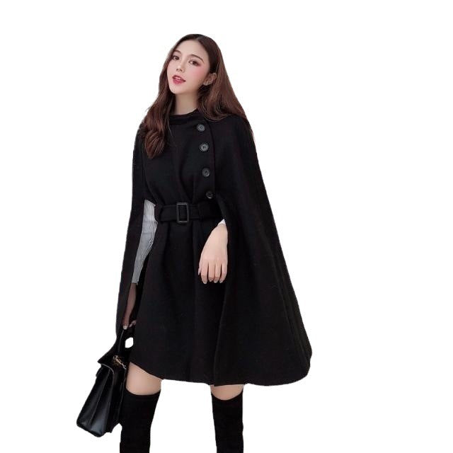 Elegant Wool Blend Cape Coat for Women – Sophisticated Button-Up Winter Dress Coat with Belt | Luxury Warm Outerwear in Black & Apricot