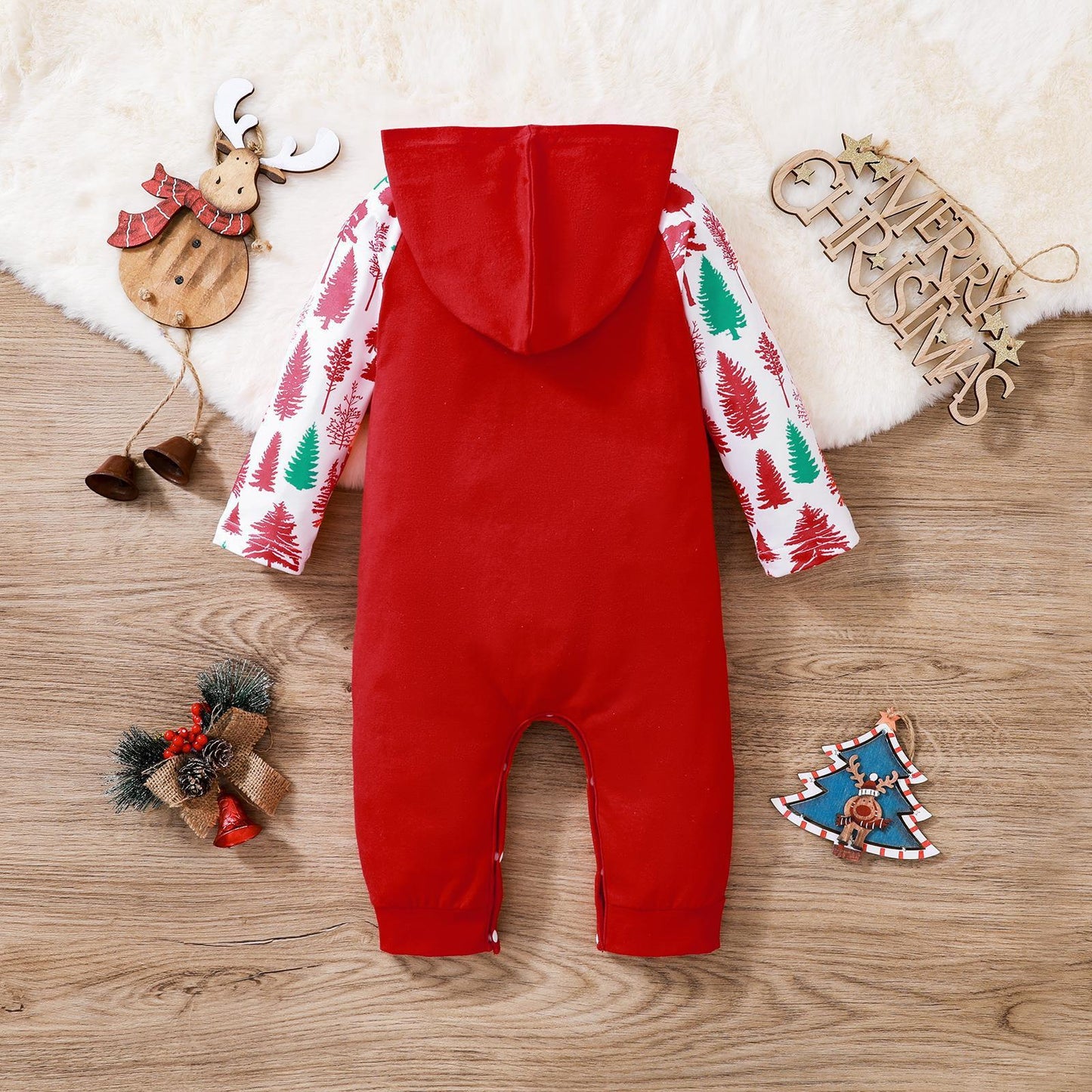 Baby Christmas Hooded Romper – Cozy Reindeer & Tree Print Outfit for Boys & Girls | Cotton Winter Jumpsuit