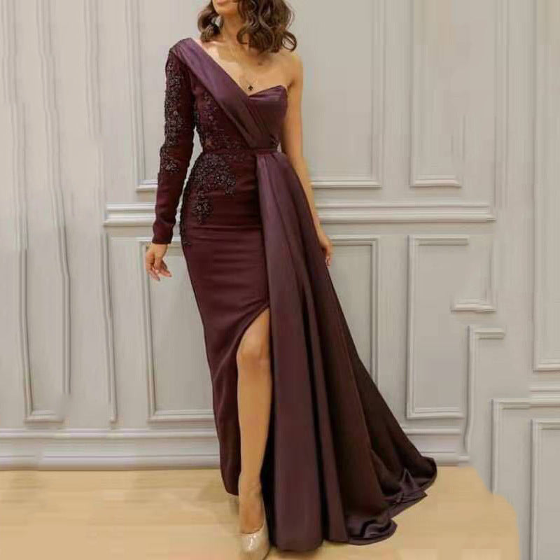 Wine One-Shoulder Evening Gown – Elegant Draped Design with Embellished Lace Detailing