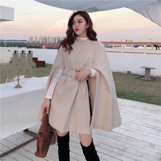Elegant Wool Blend Cape Coat for Women – Sophisticated Button-Up Winter Dress Coat with Belt | Luxury Warm Outerwear in Black & Apricot