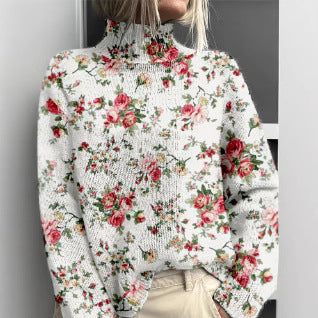 Women’s Floral & Animal Print Turtleneck Sweater – Cozy Casual Knit Pullover | Winter Fashion Woolen Tops