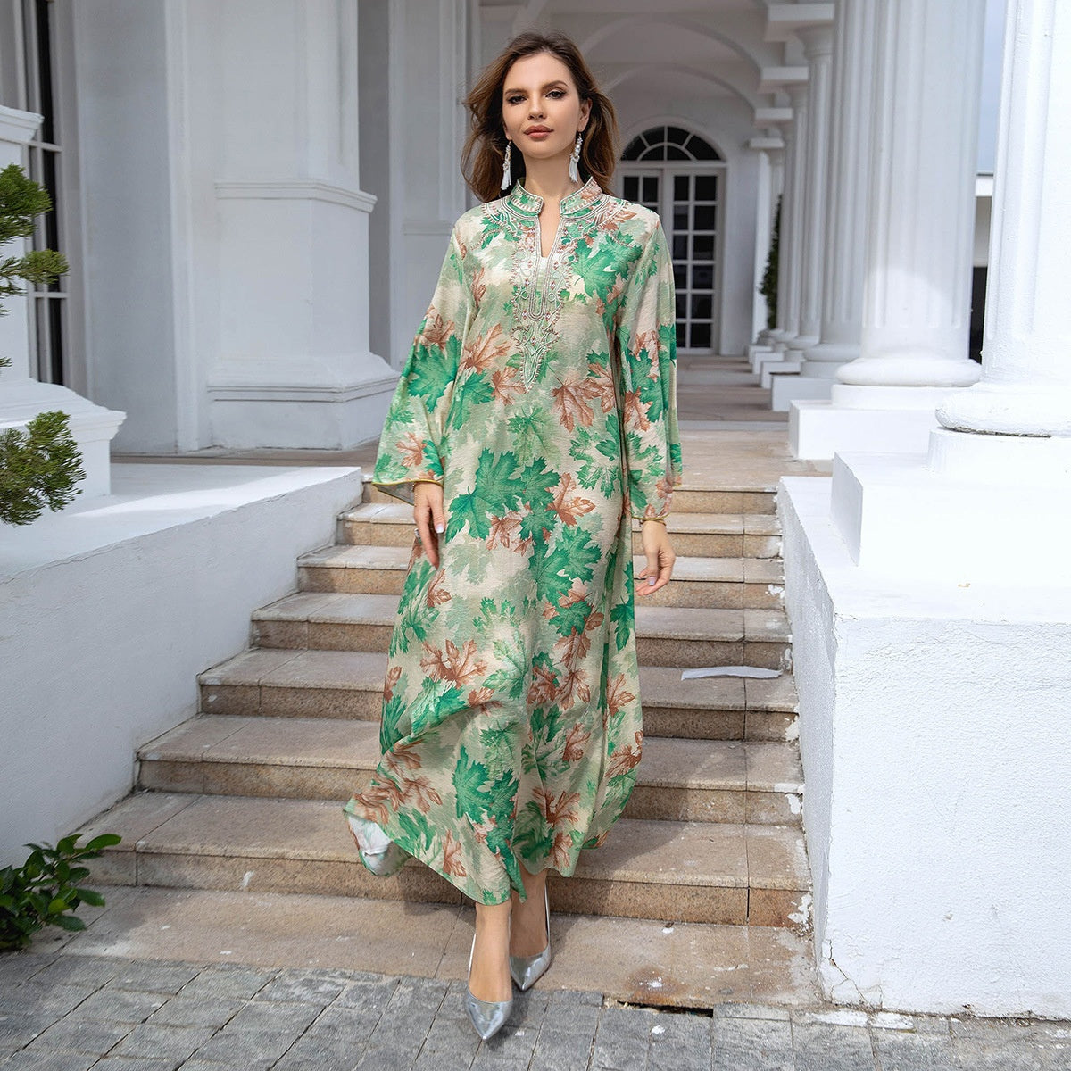 Embroidered Autumn Leaf Print Long Gown Dress for Women – Elegant Floral Kaftan Style Maxi | Bloomberry Lifestyle